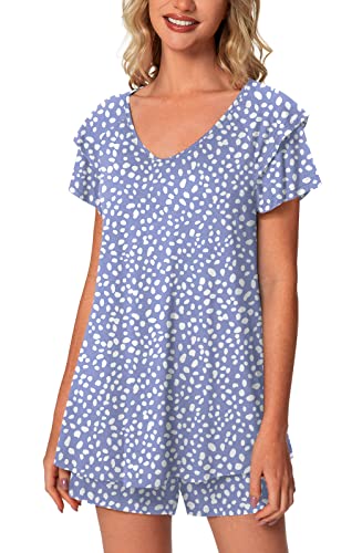 Aodemo Womens Summer Pajama Sets Ruffle Sleeve Sleepwear Ladies Nightwear Pjs Lounge With Pockets Xl, Spotted Blue #TOP3