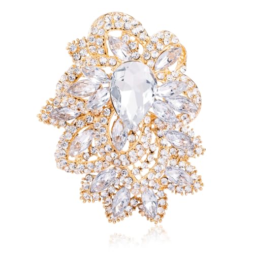 Image of LAXPICOL Big Large Women's Vintage Austrian Crystal Elegant Flower Teardrop Brooch Gold Tone