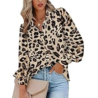 Zeagoo Bluse Damen Knöpfe Casual Langarm Hemdbluse Elegant V-Ausschnitt Puffärmel Blusen Business Oberteile Leoparden L