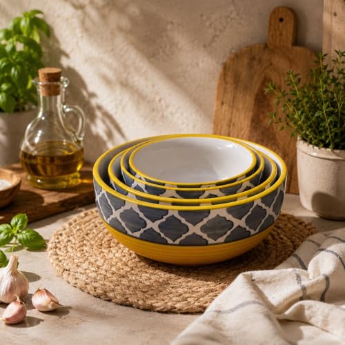 Image of Ceramic Mixing Bowl Set - 4 Pieces (1500ml, 800ml, 600ml, 400ml), Yellow Grey - Durable, Microwave & Dishwasher Safe - Ideal for Mixing, Serving & Storage