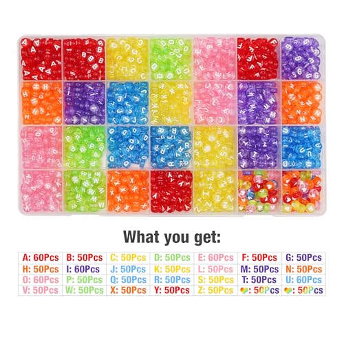 Image of Melius Acrylic Clear Color Letter Beads, 4x7mm, 1450 Pcs | Transparent Colorful Round Alphabet and Heart Beads, 28 Grid Box, For Jewelry Making, DIY Bracelets, Necklaces, Key Chains