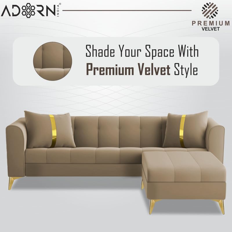 Image of Adorn India Premium Mystic - 3 Years Warranty - L Shape 4 Seater Sofa Set Velvet Suede Fabric - Beige
