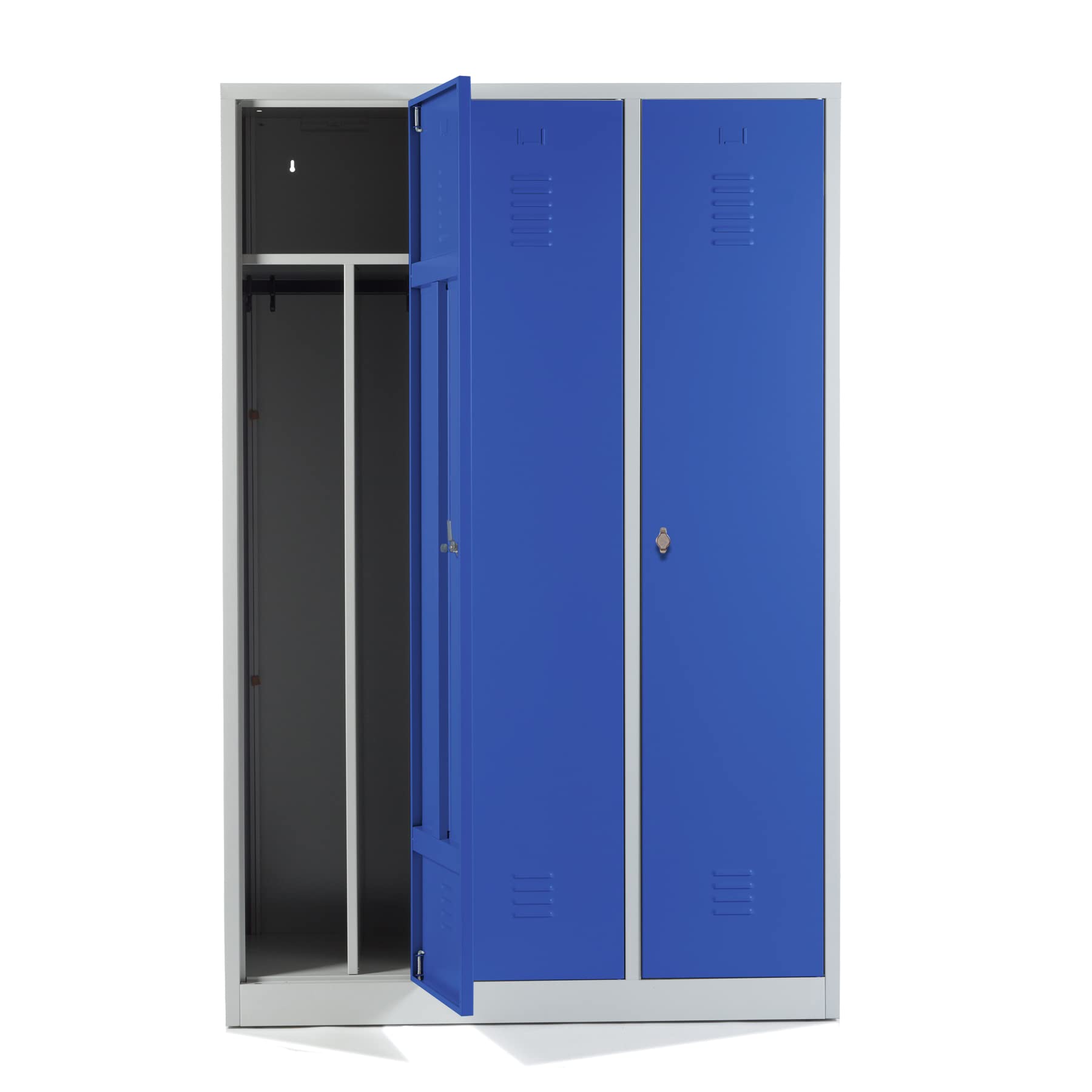 Schrank & Stuhl Spind – Metallspind mit 3 Abteilen in 180 x 120 x 50 cm, inkl. Hutboden, Trennwand und Drehriegelverschlüssen, Lieferung komplett montiert, Grau/Blau