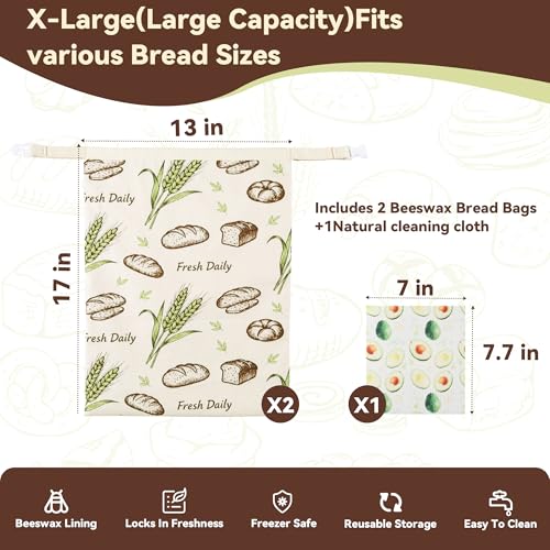2 Pack Beeswax Bread Bags for Homemade Bread,17x13 In Sourdough Storage Bags,Snap Lock Seal Keeps Bread Fresher Longer,Matching Biodegradable Cleaning Cloth,Gifts for Love Baking — view 2