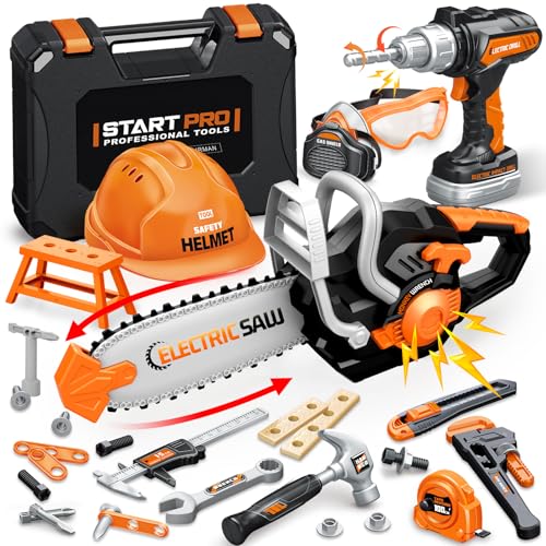 Kids Tool Set Toys, 48 Pcs Toddler Tool Set with Portable Tool Box, Electronic Toy Drill & Electric Chainsaw, Construction Tools Gifts for Boys Aged 3 4 5 6 7, Christmas Birthday Gifts for Toddlers