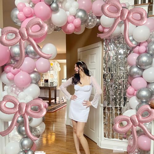 Image of 4 Pcs Pink Bow Balloons Bow Party Decorations for Girl Women Pink Bow Birthday Decorations Giant Foil Balloon for Baby Shower Bridal Engagement Wedding Decor Bachelorette Party Supplies