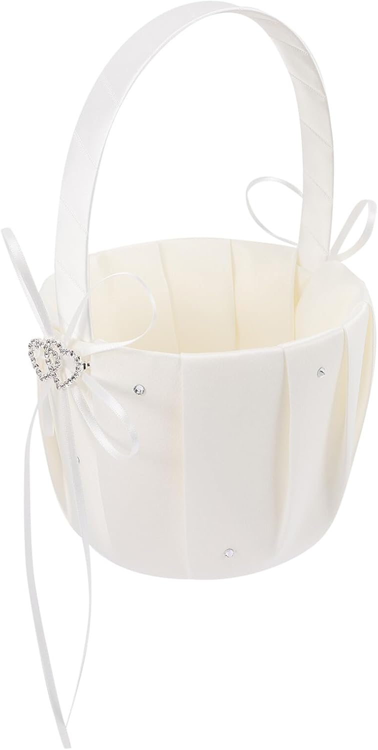 Small White Flower Girl Basket with Handle, 13×22cm Ivory Wedding Basket for Flower Girl Ceremony, European Style with Rhinestone Bow Decoration, Bridal Wedding Accessory