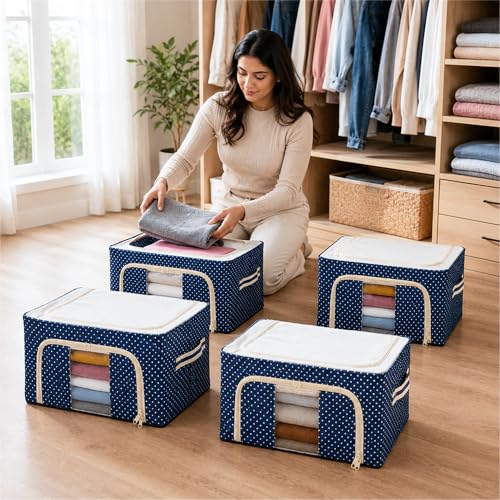 Image of CLAPONE Foldable Steel Frame Cloth Organizer Storage Box and Organiser /Wardrobe Organizer for Storage /almirah for Sarees /Shirts /Blankets /Clothes Storage Box (Blue, 66 Ltr - Pack of 4 Pcs)