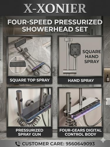 Image of X-XONIER Luxury thermostate Shower System, 4-in-1shower set with Large Overhead+3 Ways Hand Shower, 2 waybiget gun and tub spout, Temperature Dispaly, Star Galaxy LED lights shower panel (grey)