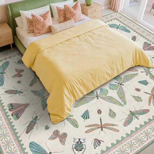 Green Butterfly Rugs for Girls Bedroom - 8x10 Floral Area Rug for Living Room, Dining Room Under Kitchen Table, Washable Lightweight Insect Print Large Carpet Indoor