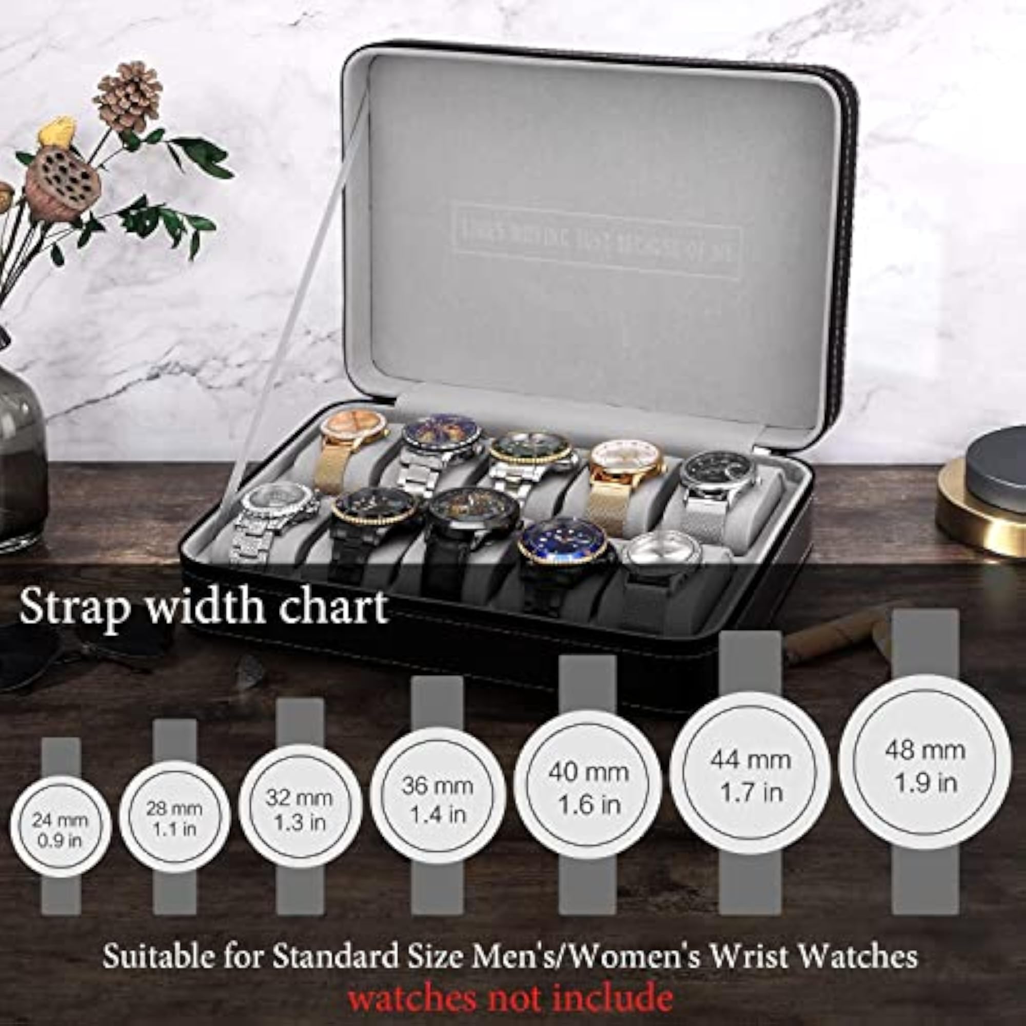 Luxury 10 Slot Black Leather Watch Box for Women