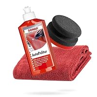 detailmate SONAX Handpolier Bundle - SONAX Autopolitur für Bunt- und Metalliclacke 250ml + detailmate Handpolierschwamm hart Ø90/50mm + Edgeless Mikrofaser Poliertuch 550GSM rot – Ansicht 1