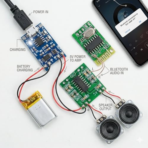 Image of 3-in-1 Combo of PAM8403, Bluetooth Audio Receiver and TP4056 Micro USB Charging Module (TP4056- Micro)
