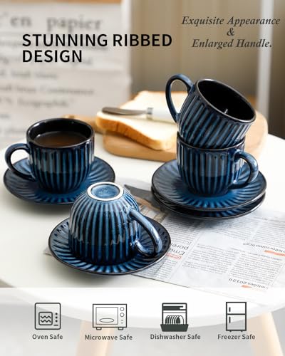 Hasense RIBBED-6-N Ceramic Cappuccino Cups And Saucers Set Of 4, Ribbed 6 Oz Demitasse Tea Cup With Big Handle, Mugs Set For Coffee,Tea,Latte And Mocha, Aesthetic Gift For Anniversary Or Holiday thumb #3