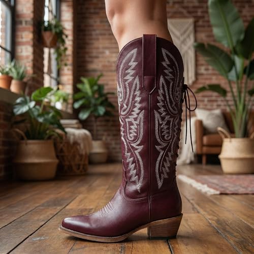 Image of Uillnoodu Wide Calf Cowboy Boots Women Adjustable Lace Up Knee High Tall Plus Size Cowgirl Boots Western Style Comfortable 2-Inch Heel