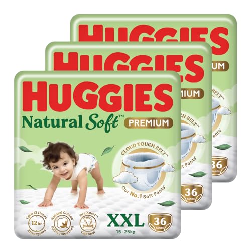 Image of Huggies Natural Soft Premium Baby Diaper Pants, Our No.1 Soft Pants, Double Extra Large (XXL) Size (15-25 Kgs), Combo Pack of 108 diapers | Cloud Softness All over with India's 1st Cloud Touch BeltTM