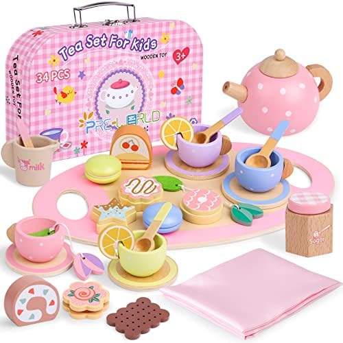 Wooden Tea Set for Little Girls,PRE-WORLD 34PCS Wooden Toys Toddler Tea Set with Play Food Dessert Cookies Tablecloth & Carrying Case,Kids Pretend Play Kitchen Accessories Toy for Girls Boys Age 3-5