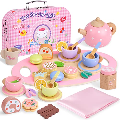Wooden Tea Set For Little Girls,Pre-World 34Pcs Wooden Toys Toddler Tea Set With Play Food Dessert Cookies Tablecloth & Carrying Case,Kids Pretend Play Kitchen Accessories Toy For Girls Boys Age 3-5 #TOP2