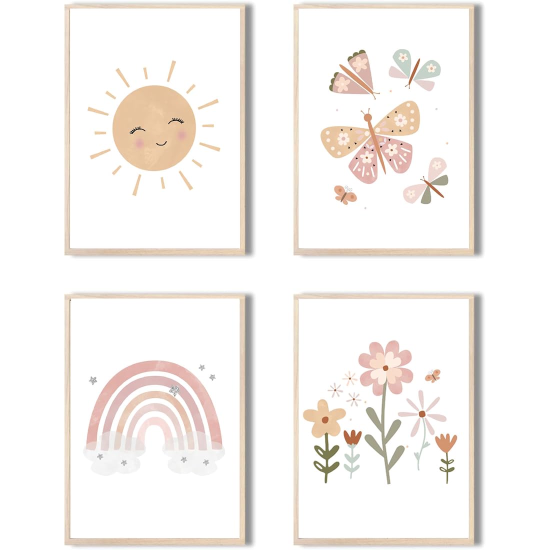 MEZHEN Póster Decoración de La Habitación de Los Niños Sol Arco Iris Nube Lluvia Flor Mural Sin Marco Niños Niñas Sala de Estar Dormitorio Decoración de La Pared 4 Piezas