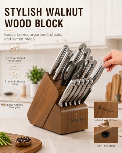 Astercook Knife Set 15 Piece German Steel Kitchen Knife Block Set - image 6
