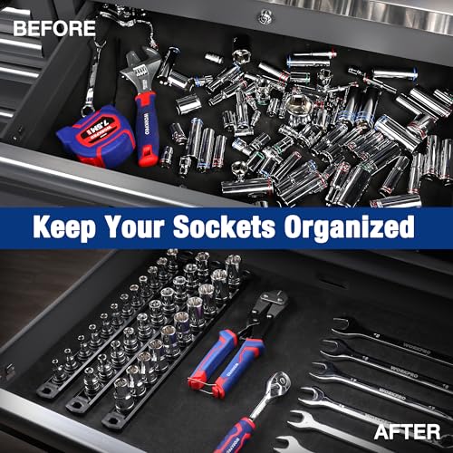 Image of WORKPRO Magnetic Socket Organizer, 3 /8-Inch Drive Aluminum Alloy Socket Rail, Heavy Duty Socket Holder, Socket Rack Kit 3 /8-Inch x 10 Clips Black (Socket not Included)