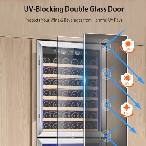 Image of ORYMUSE 24 Inch Dual Zone Wine and Beverage Refrigerator, 180 Can / 77 Bottle Capacity Built-In Freestanding Wine Fridge with Glass Door, Drink Cooler for Kitchen Home Bar, Blue LED Light