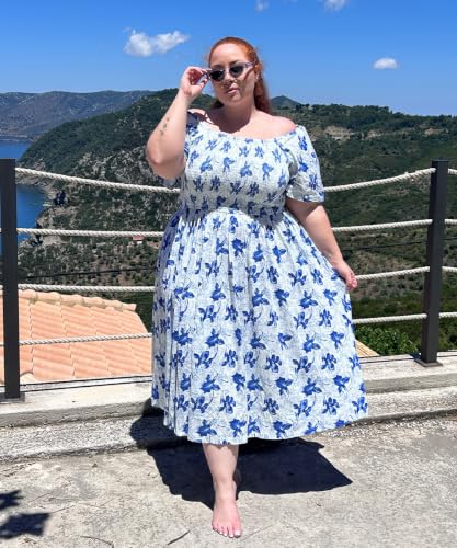 Image of RITERA Plus Size Dresses for Curvy Women Square Neck Short Sleeve Summer Floral Smocked Maxi Dress with Pocket XL-5XL