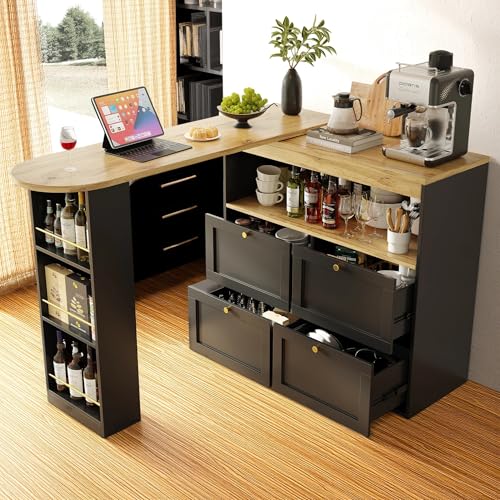 Tavolo da Bar Girevole 360° con 4 Cassetti e Ripiano Aperto, Mobile Multifunzionale per Sala da Pranzo Studio Soggiorno, Dimensioni 105x39x102 cm