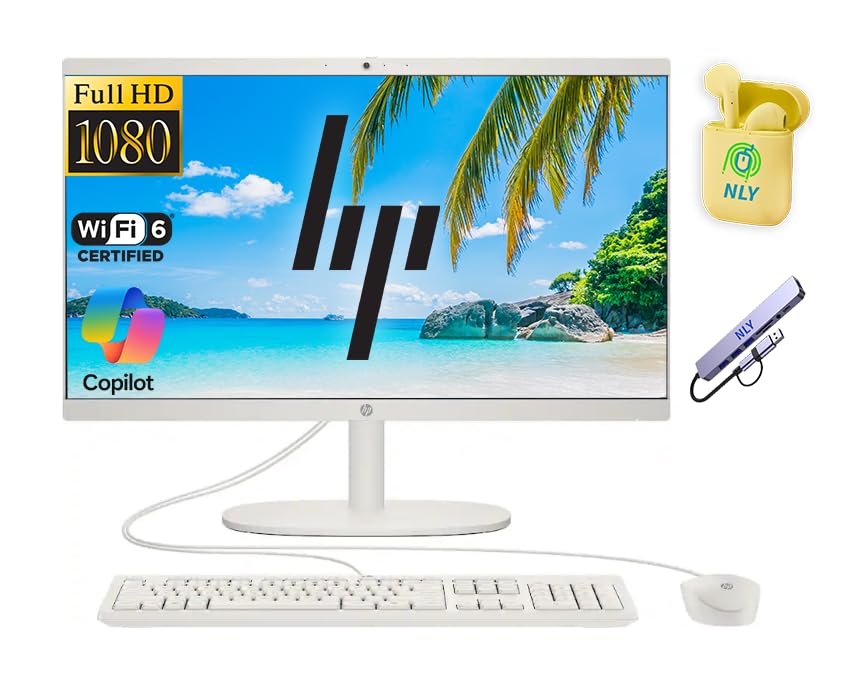 Image of HP 21.5 inch FHD All-in-One Desktop Computer, Intel Quad-Core Processor, 8GB DDR5 RAM 640GB Storage (128GB UFS+512GB Docking Set), Windows 11, Wired Keyboard and Mouse, NLY Earphones, Cashmere White