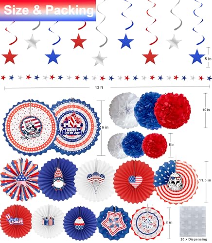 Image of 41 Pcs Mardi Gras Decorations Set, 6 Purple Green Yellow Paper Pom Poms 12 Hanging Paper Fans 9 Foil Swirls 2 Pendants Party Supplies Decorations for Outdoor Indoor Home (D 4th of July)