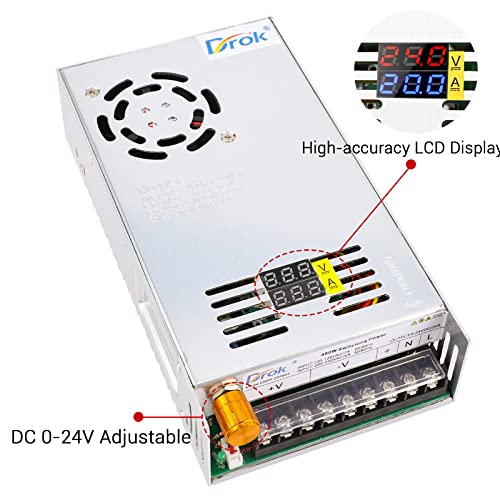 Image of DROK 24V Power Supply, AC 110V /220V to DC 0-24V 20A 480W Buck Converter Dual Display, Variable Adjustable Adapter Regulated 5V 12V 24V Volt Switching Voltage Transformer 20A Amp Charger for Lab