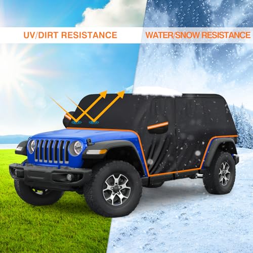 Image of Cab Car Cover for Jeep Wrangler JK JL 4 Doors 2007-2025 Without Hardtop, 420D Half Car Covers Waterproof All Weather Sun Rain UV Dust Protection Wrangler Cab Rain Cover with Zipper Door