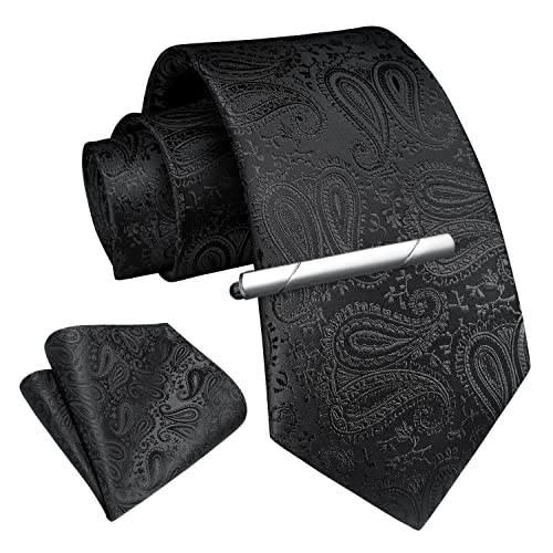 Image of Enlision Ties for Men Plaid Stripe Tie Handkerchief Woven Classic Formal Necktie Pocket Square Clip Set