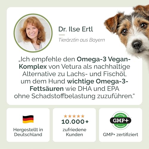 Vetura Omega-3 Vegan Komplex für Hunde | 500 ml | Pflanzliches Ergänzungsfuttermittel mit DHA, EPA & ALA | Mit Leinöl, Algenöl & Nachtkerzenöl | Für Haut, Fell & Vitalstoffversorgung | Made in Germany