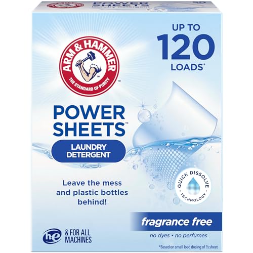 ARM & HAMMER Power Sheets Laundry Detergent, Fragrance Free, No Dyes or Perfumes, Lightweight and...