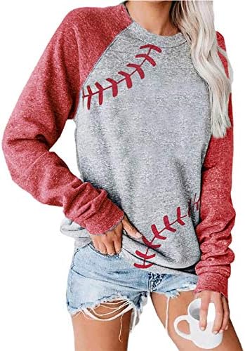 ETATNG Womens Raglan Baseball T-Shirts Crewneck Long Sleeve Patchwork Pullover Casual Tops Red L