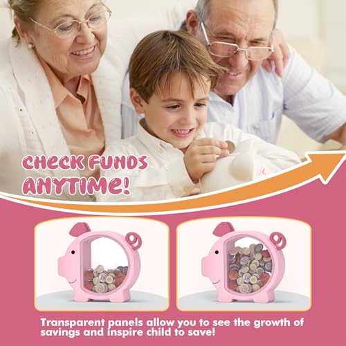 Image of Piggy Bank for Kids Girls, Pink Kids Piggy Bank with Creative DIY Stickers