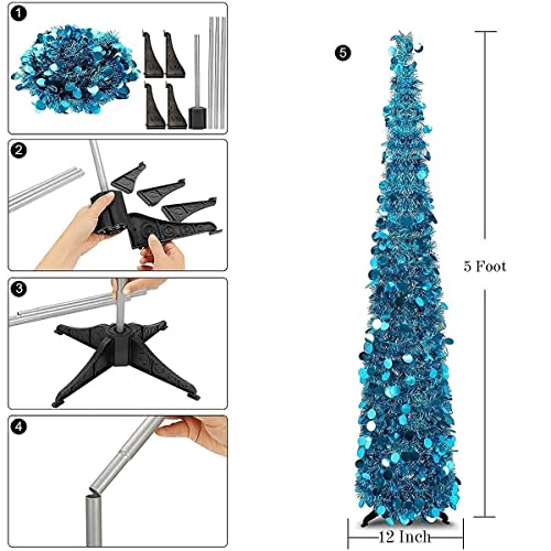 Joy-Leo 5Ft Blue Sparkly Pop Up Sequin Christmas Tree - Reflective Colors Tinsel, Save Your Space And Time (Set Up In 5 Minutes), Collapsible Small Tabletop Artificial Xmas Tree, Skinny Pencil Tree #TOP1