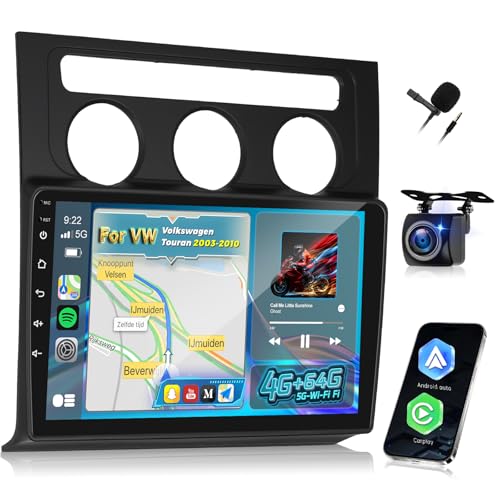 [4G+64G] Android Autoradio pour VW Volkswagen Touran 2003-2010 avec Carplay & Android Auto sans Fil, Écran Tactile IPS 10,1 Pouces avec GPS, WiFi, 32EQ,...