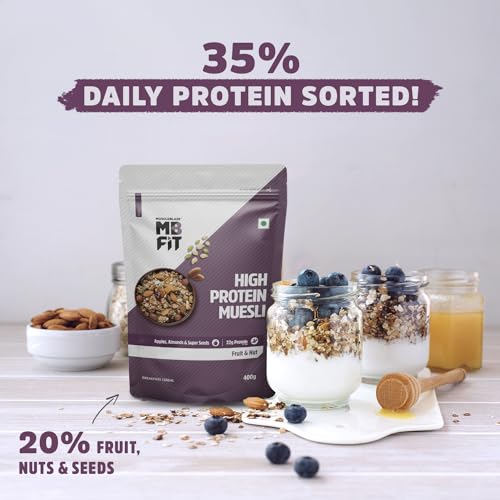 Image of MuscleBlaze Fit High Protein Muesli (400g, Fruits & Nut) | 22g Protein | With Apple, Almonds & Super Seeds,High Protein Breakfast Cereals