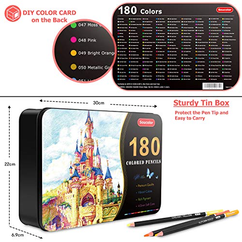 Soucolor 180-Color Artist Colored Pencils Set For Adult Coloring Books, Soft Core, Professional Numbered Art Drawing Pencils For Sketching Shading Blending Crafting, Gift Tin Box For Beginners Kids #TOP2
