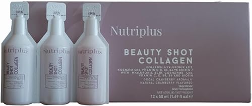 FARMASi Nutriplus Beauty Shot Colágeno - Colágeno tipo I y III con ácido hialurónico, biotina y vitaminas, sabor a arándano sin azúcar, 1.69 onzas