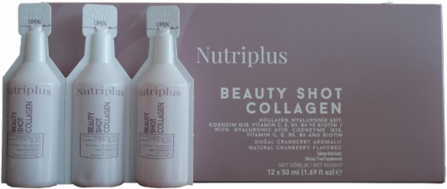 FARMASi Nutriplus Beauty Shot Collagen – Type I & III Collagen with Hyaluronic Acid, Biotin & Vitamins, Sugar-Free Cranberry Flavor, 1.69 fl oz x 12 Shots
