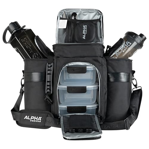 Alpha Designs | Meal Prep Cool Bag | Insulated Gym Lunch Bag | Food Storage Containers with Lids, Water Bottle, Protein Shaker & More | 8-Piece Set | Black/Smoke
