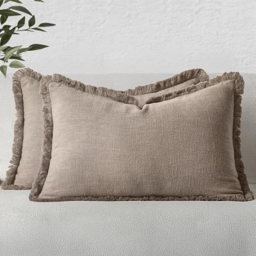 Image of MIULEE Linen Fringe Decorative Fall Lumbar Throw Pillow Covers Dune 12x20