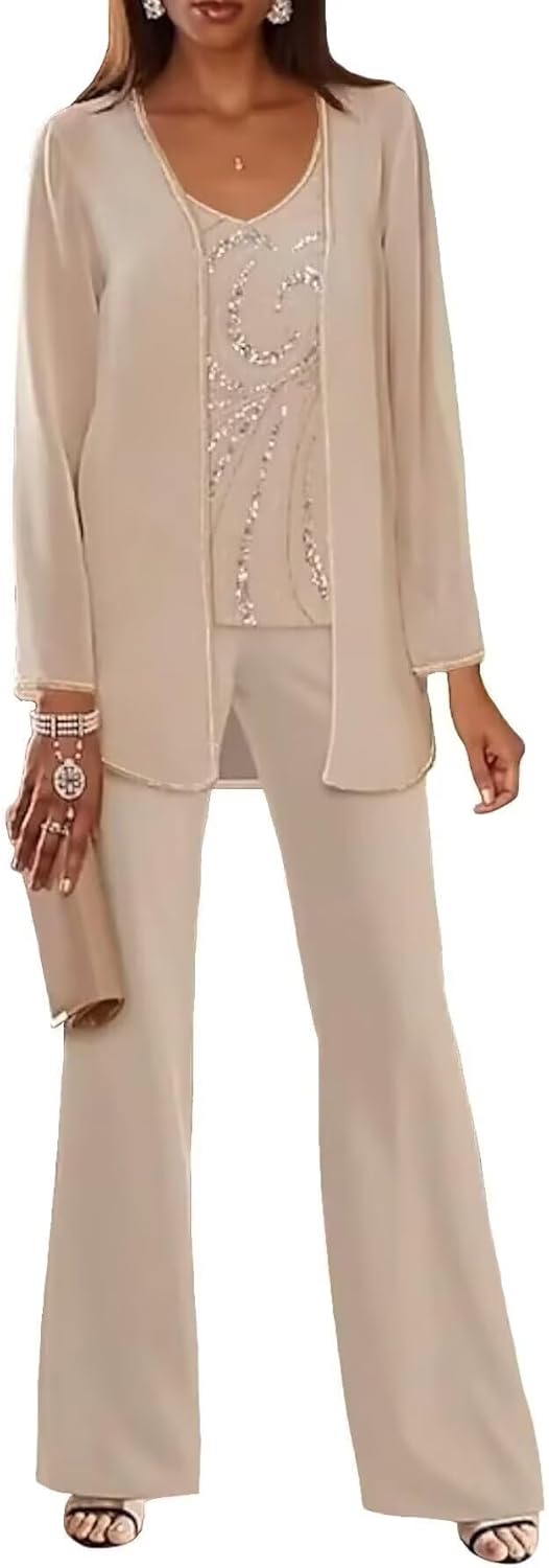 3 Piece Mother of The Bride Pantsuits for Wedding Chiffon Beaded Formal Evening Gown with Jacket Outfit DP022