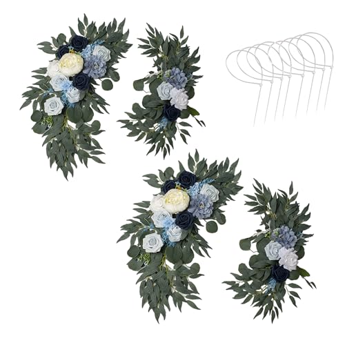 AitnWoy 4 PCS Artificial Wedding Arch Flowers Kit Dust Rose Flowers Silk Peony Floral Swag Welcome Sign for Wedding Ceremony Party Home Garland Decor (4 PCS Blue)