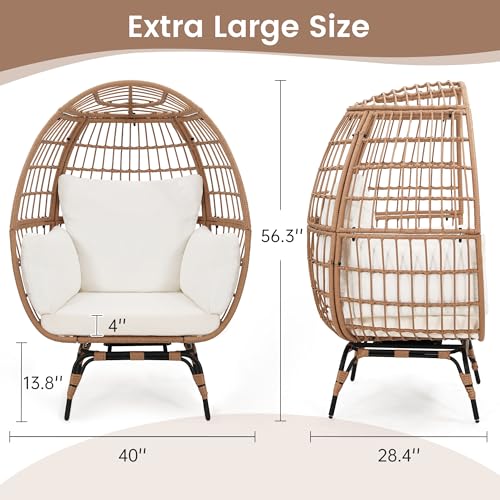 Murago Oversized 360° Swivel Rattan Egg Chair for Adult, Indoor Outdoor Patio Large Wicker Egg Chair with Overstuffed Cushions, 440lb Weight Capacity, Natural Rattan with Beige Cushion