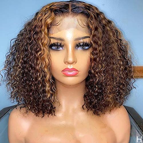 Highlight 4x4 Lace Closure Wig Glueless Human Hair Wig Ombre Brown Short Bob Mongolian Kinky Curly Bleached Knots Pre Plucked by Beata Hair (12Inch, 4x4 Lace closure wig)