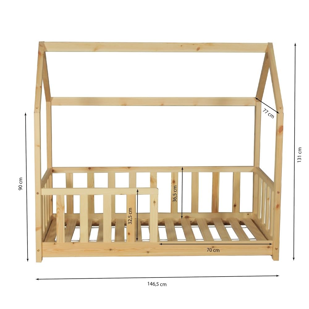 WEBER INDUSTRIES Lit cabane Kiwi 70x140 + 1 sommier + barrière/Bois Clair | 1 sommier inclus, Barrière incluse